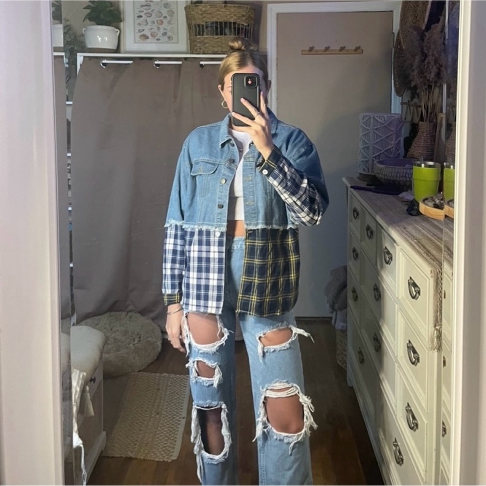 Boutique denim jacket with flannel details